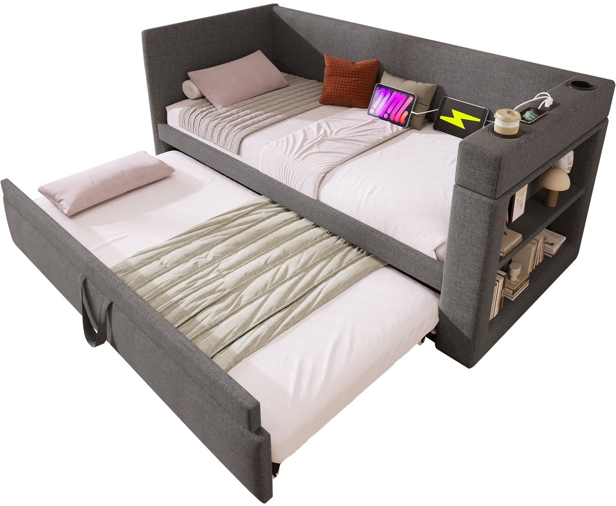 Merax Slaapbank Bed 90x190 – Uitschuifbaar 180x190 – USB-C – Grijs