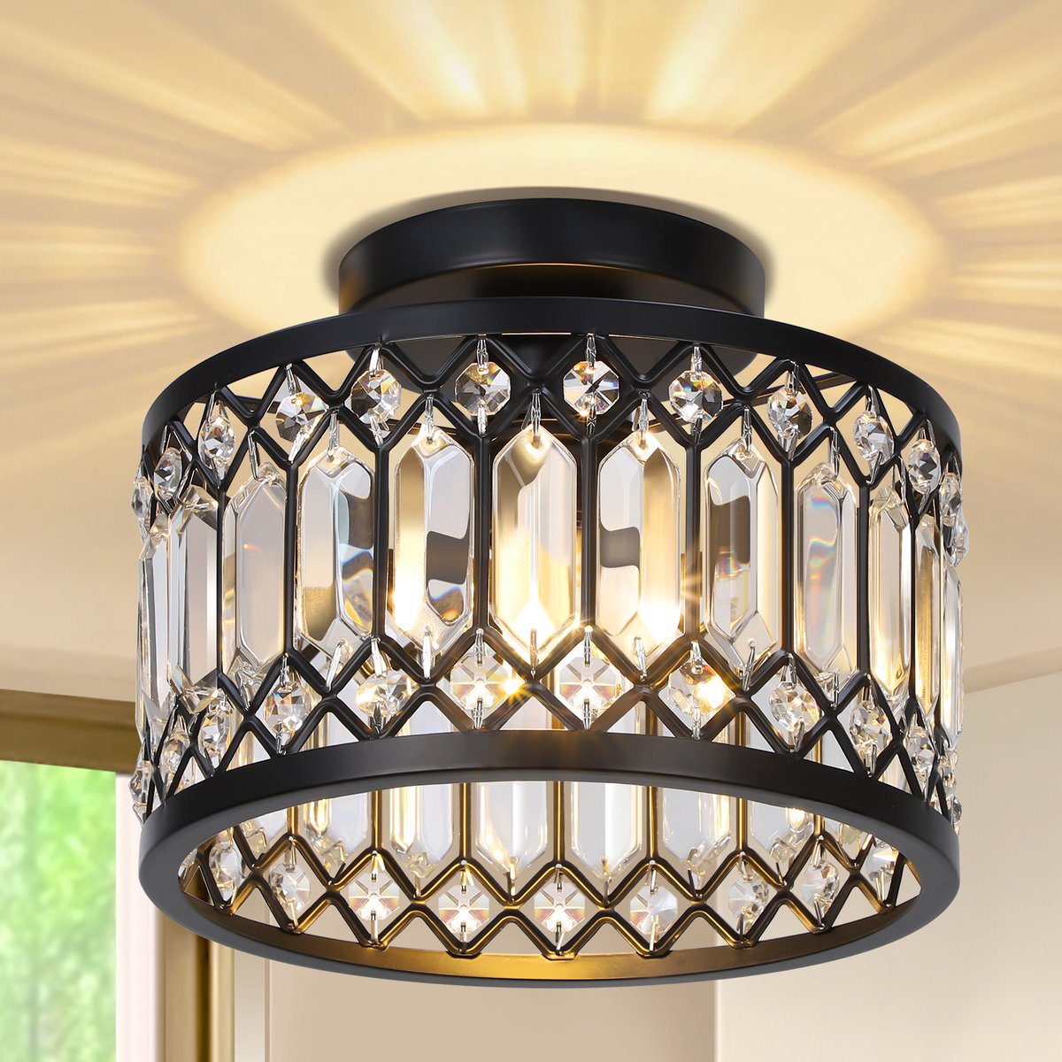 Rosnek Modern Zwart Metaal Plafondlamp met Kristal Kap - LED Industrieel Plafonnière Dimbaar - 22x19cm - E27 60W - Incl. 1 LED-lamp - Gemakkelijke Installatie voor Keuken, Woonkamer, Slaapkamer