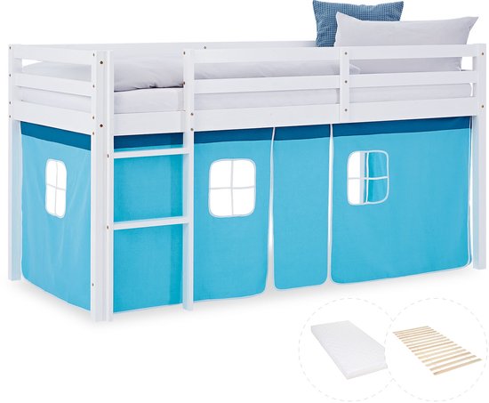 Lit mezzanine Homestyle4u - 90x200 cm - Blauw - avec sommier à lattes et matelas
