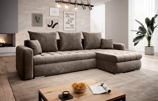 Hoekbank Cindy taupe beige velvet- met bed en opbergruimte- hoeksalon zitbank universeel links of rechts lounge