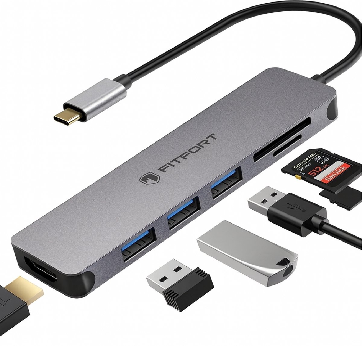 FitFort USB-C Hub Pro Docking Station – HDMI - 3x USB - SD/MicroSD