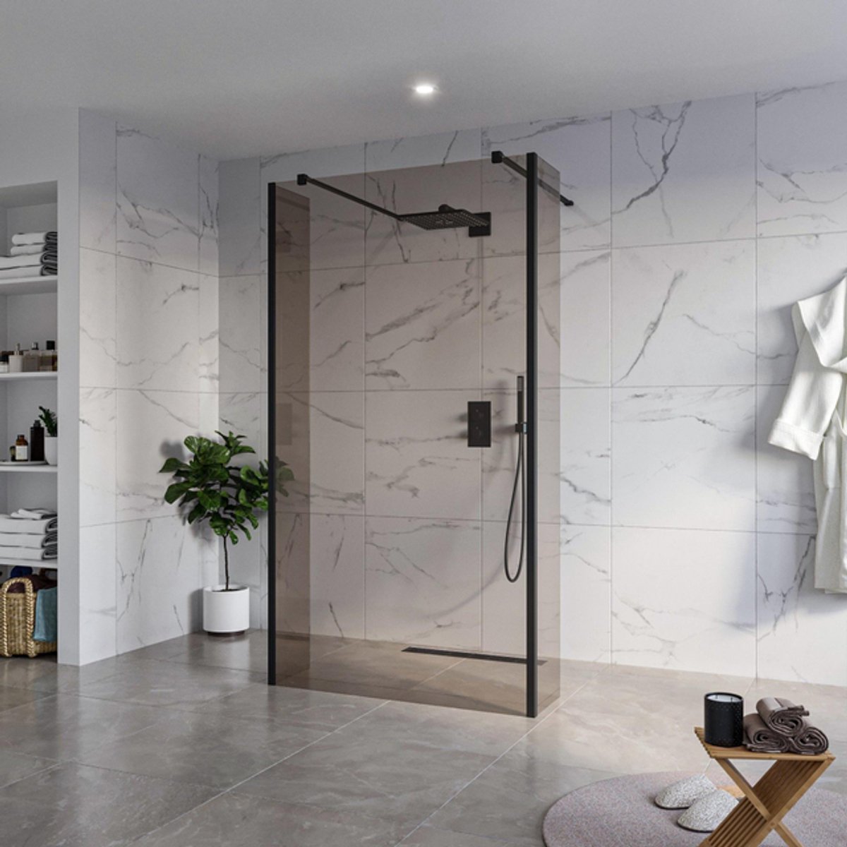FugaFlow Eccelente Vetro Vrijstaande inloopdouche badkamer - 110x200cm - Rookglas - antikalk - 8mm veiligheidsglas - 2 zijwanden 30cm - met wandarmen en hoekprofielen - Zwart mat -