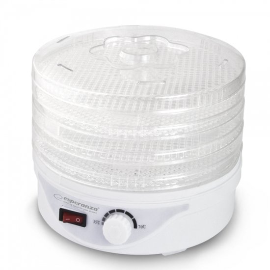 Witte voedseldroger met transparante trays en deksel, met rode aan/uit-schakelaar en regelknop.