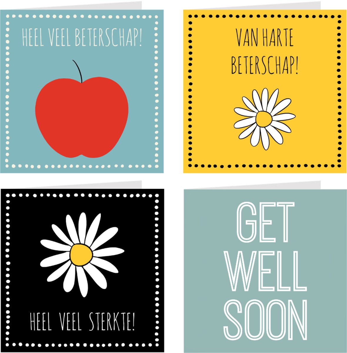 4x Beterschapskaarten / wenskaarten / set kaarten en enveloppen | Beterschap