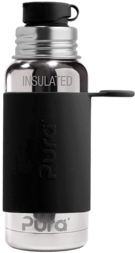 Pura Thermos Sportfles 475 ml - Thermoskan - Thermosbeker - Plasticvrij - Met Dubbele Wand - Inclusief Sportdop en Sportsleeve - Top is Verwisselbaar - Zwart