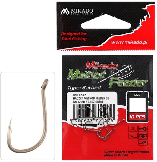 Hameçon Mikado Method Feeder, type Barbed, taille 12, couleur argent, 10 pièces.