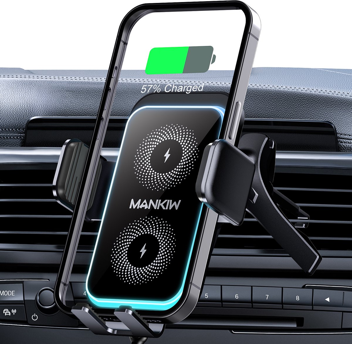 MANKIW Telefoonhouder Auto 15W QI Draadloze Oplader - Ventilatie- Zuignap - Smartphone Autolader Draadloos - GSM Houder Adapter - Auto Oplader-Automatische Klemmen