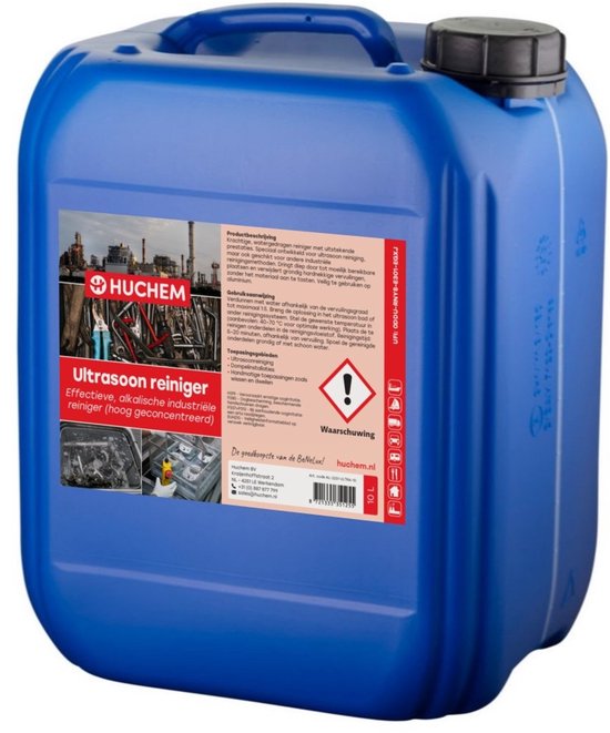 Blauwe jerrycan van 10 liter met een Huchen label voor ultrasone reiniger, Huchen logo en waarschuwingssymbolen.