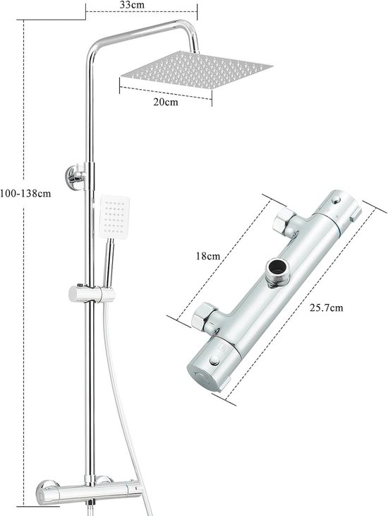 Chromen douchesysteem met afmetingen: hoogte 100-138cm, vierkante hoofddouche 33x20cm, thermostaatkraan 25.7x18cm.
