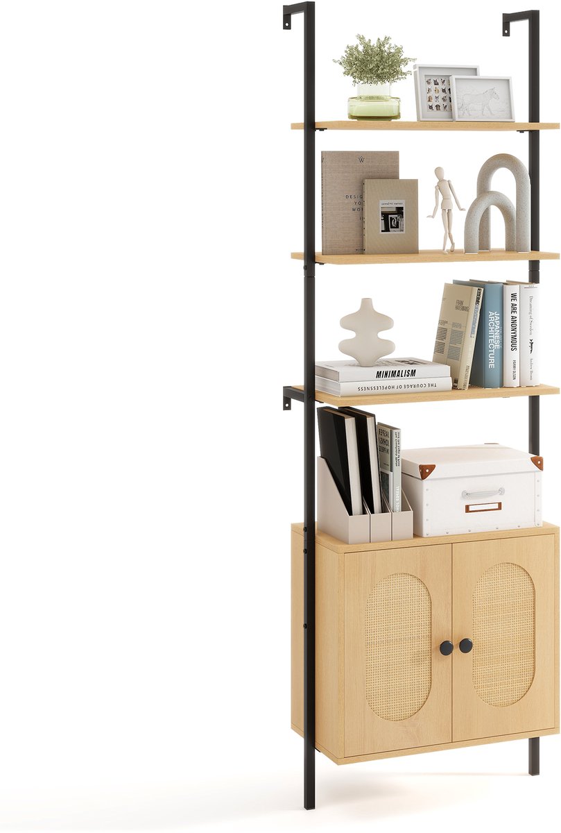 Costway Boekenkast met 3 niveaus met rotankast, 184 cm, ladderrek, wandmontage, open presentatierek met metalen frame en verstelbare planken voor woonkamer, kantoor, 60 x 30 x 184 cm Naturel