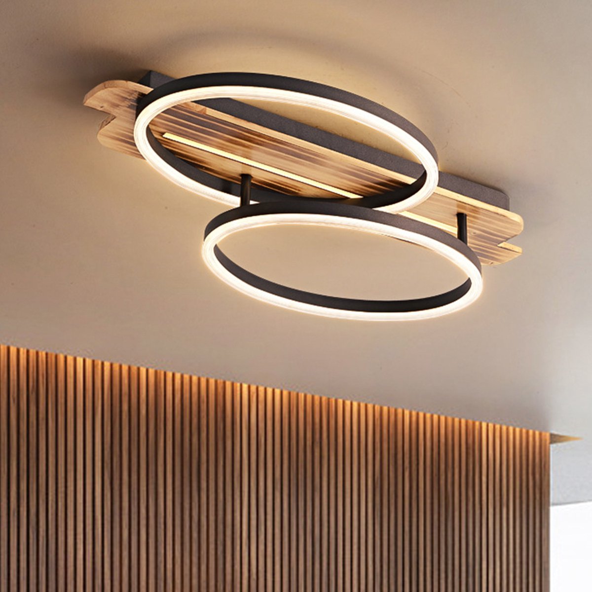 CHIWIN LED Plafondlamp Hout - 2 Ringen Moderne Dimbare Plafonniere met Afstandsbediening voor Woonkamer Slaapkamer en Eetkamer - 60x38cm