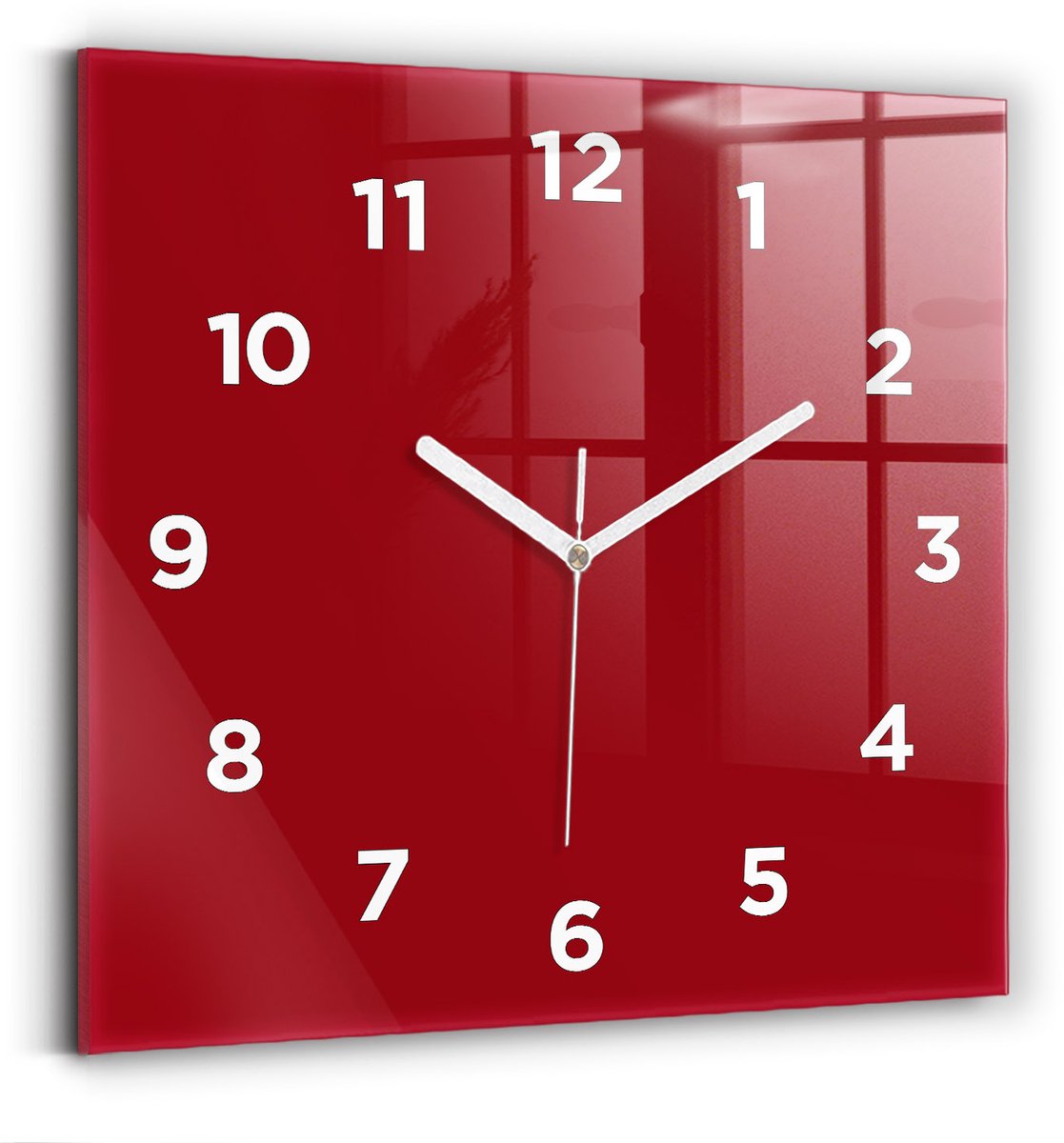 Wallfluent Wandklok - Rood Vierkante Glazen Klok - 30 cm x 30 cm - Rood Wandklok - Witte Handen - Wandklok Met Cijfers - Wandklok Glas Woonkamer - Vierkante Glazen Wandklok - Industrieel Wandklok - Vierkante Glas Klok