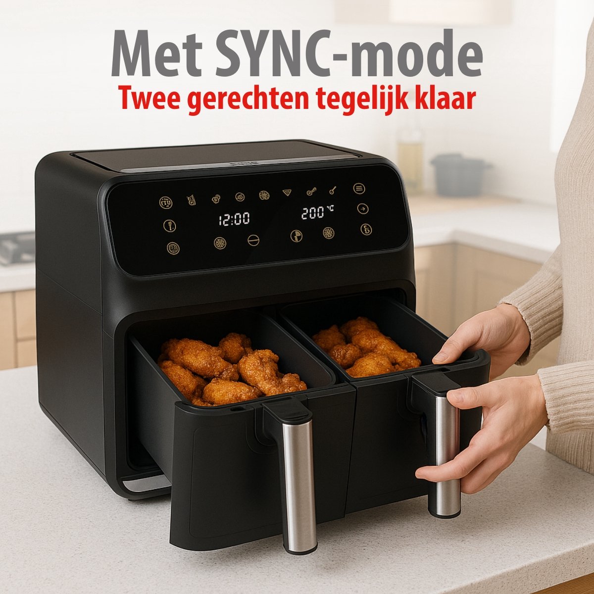 Afbeelding 3 van alpina Dubbele Airfryer XL 8L - Heteluchtfriteuse voor 4 tot 8 Personen - Inhoud 2x4L - Digitaal Display - Air Fryer 1700 W - Sync Finish Functie - Zwart