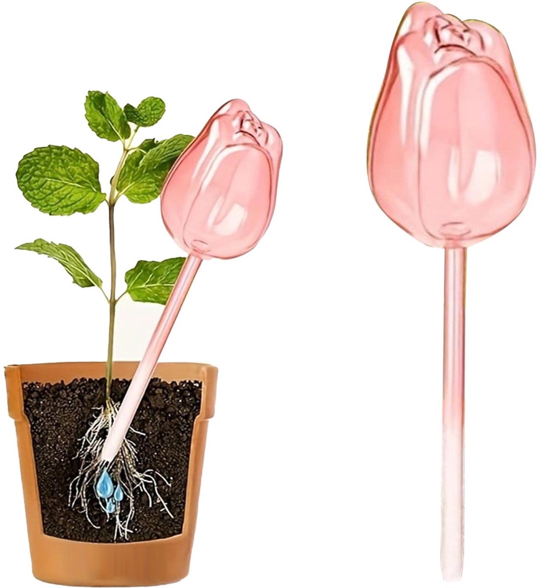 2 stuks plantenwaterbollen –Gieter-Automatisch bewateringsapparaat voor potplanten- zelfbewaterende bollen voor binnen- en buitenplanten, automatische druppelirrigatie met terracotta spikes, tulpmotief voor vakantie en woondecoratie-roze