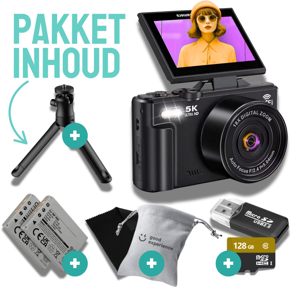 Good Experience Digitale Camera 5K met WIFI - 75MP - 18X Zoom - Inclusief 128GB SD thumbnail 6