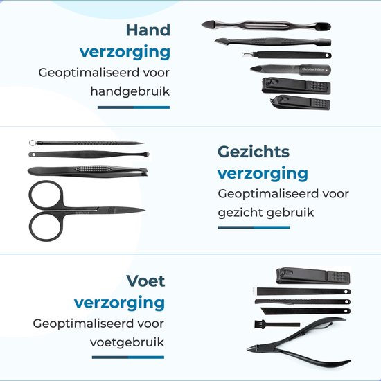 Een set met manicure-, gezichts- en voetverzorgingstools in het zwart, waaronder scharen, pincetten en nagelknippers.