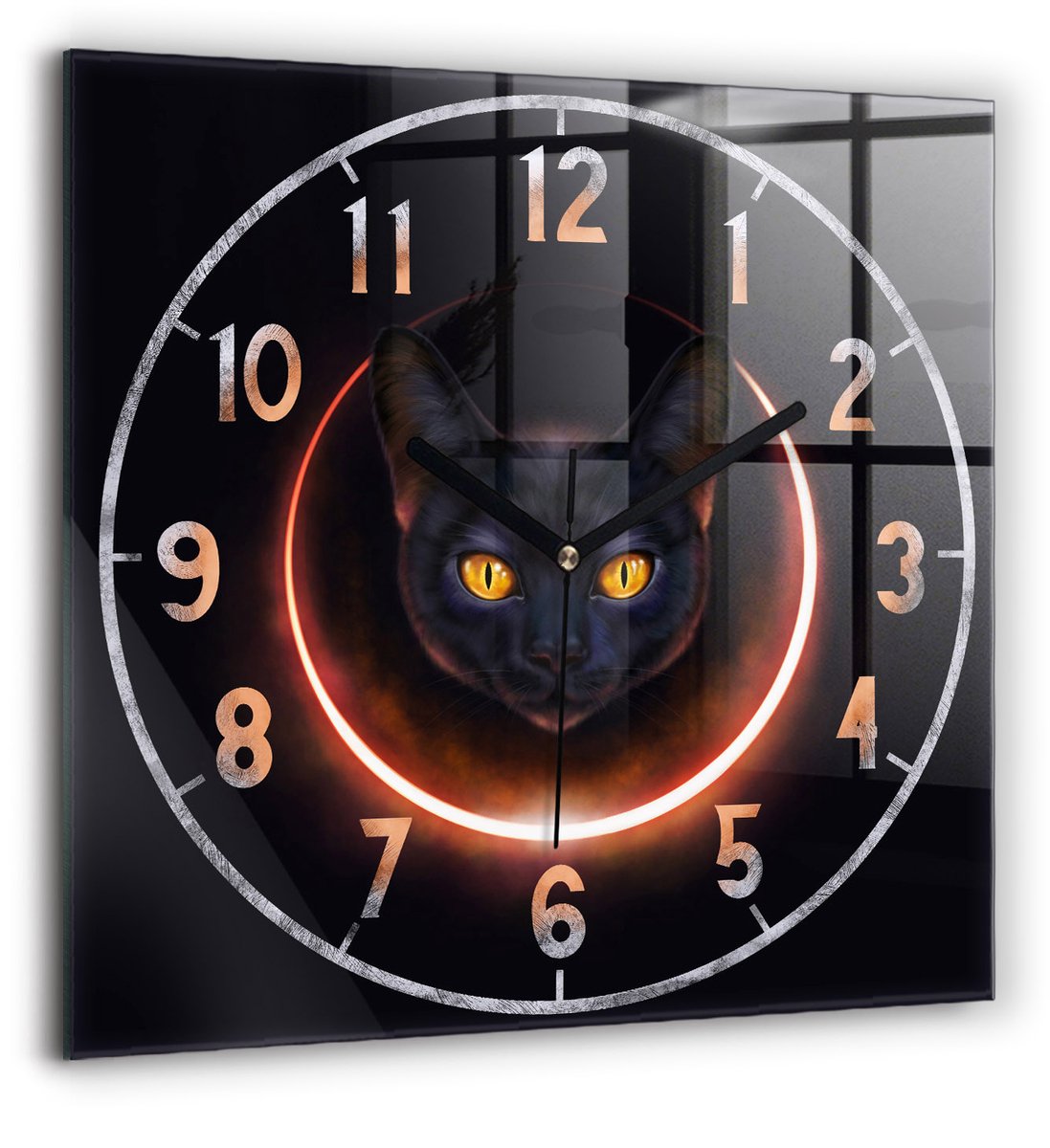 Wallfluent Wandklok - Magische kat Decoratieve Wandklok - 60 cm x 60 cm - Zwart Wandklok - Zwarte Handen - Wandklok zonder cijfers - Wandklok Glas Woonkamer - Unieke Wandklok - Minimalistische Klok - Klok met Print