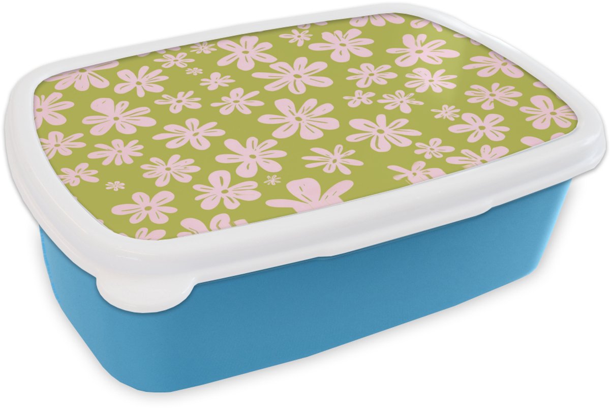Broodtrommel Blauw - Lunchbox Bloemen - Roze - Getekend - Patroon - Brooddoos 18x12x6 cm - Brood lunch box - Broodtrommels voor kinderen en volwassenen