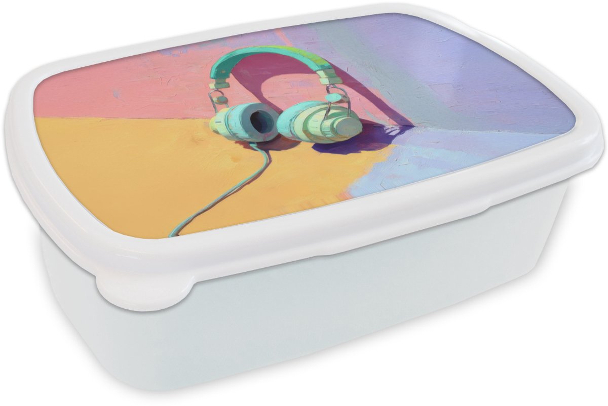 Broodtrommel Wit - Lunchbox Koptelefoon - Mintgroen - Draad - Brooddoos 18x12x6 cm - Brood lunch box - Broodtrommels voor kinderen en volwassenen