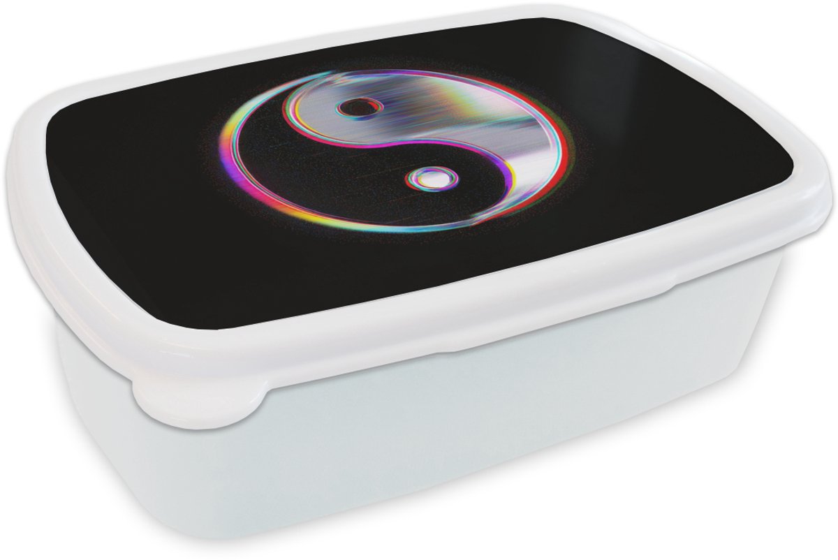 Broodtrommel Wit - Lunchbox Yin-Yang - Cirkel - Regenboog - Brooddoos 18x12x6 cm - Brood lunch box - Broodtrommels voor kinderen en volwassenen