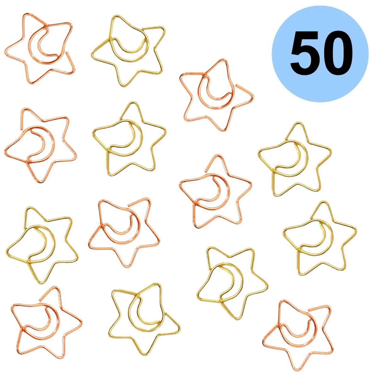 Fako Bijoux® - 50x Mini Paperclip Ster & Maan - Goud & Rosé Goudkleurige Paperclips - Clip Ster - Sluitclip - Paperclip - Papierklem - Cadeauverpakking - Trouwen - Geboorte - 50 Stuks