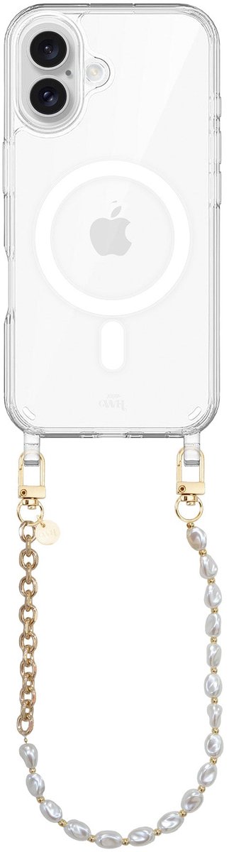 xoxo Wildhearts magnetisch hoesje geschikt voor iPhone 16 MagSafe - Over The Moon - Transparant telefoonhoesje met koord - Telefoonkoord - Parelketting met gouden schakels - Kort koord