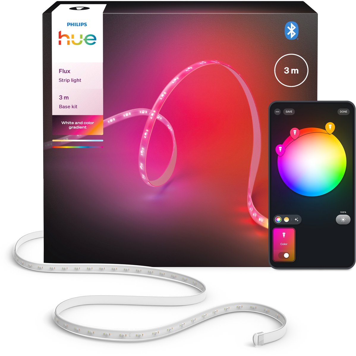 Philips Hue Flux LED strip 3 m, Chromasync™ - technologie. Gekleurd en helder, natuurlijk wit licht - 1200 lumen — afbeelding 1