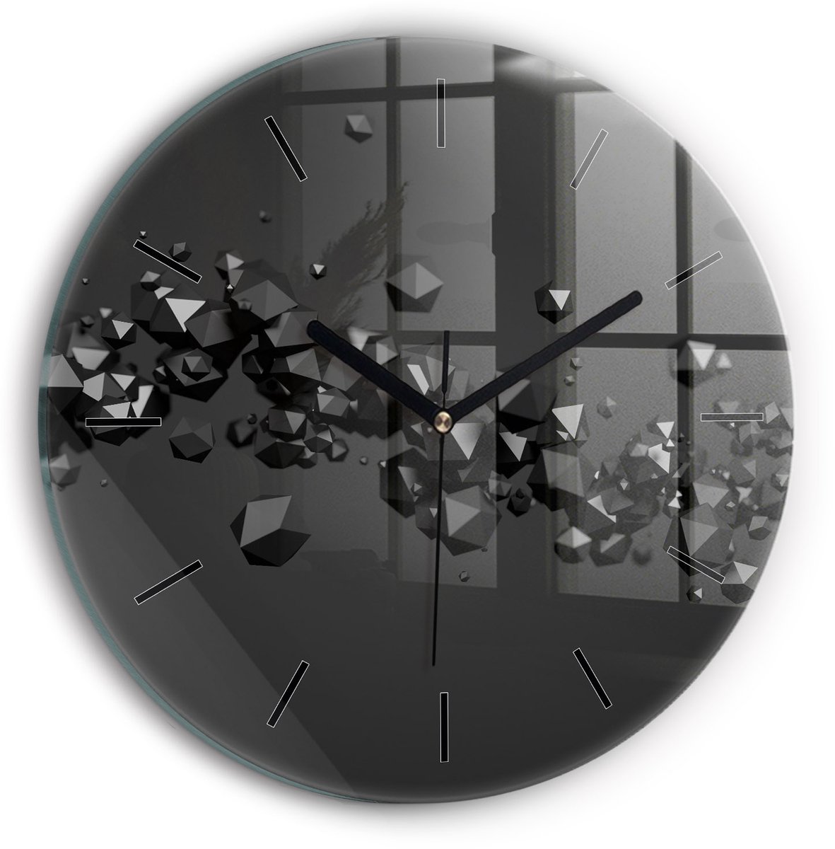 Wallfluent Wandklok - Zwarte abstractie Klok als Muurdecoratie - 30 cm x 30 cm - Zwart Wandklok - Zwarte Handen - Wandklok Zonder Cijfers - Kinder Wandklok Glas - Ronde Glas Klok - Minimalistisch Wandklok - Decoratieve Wandklok