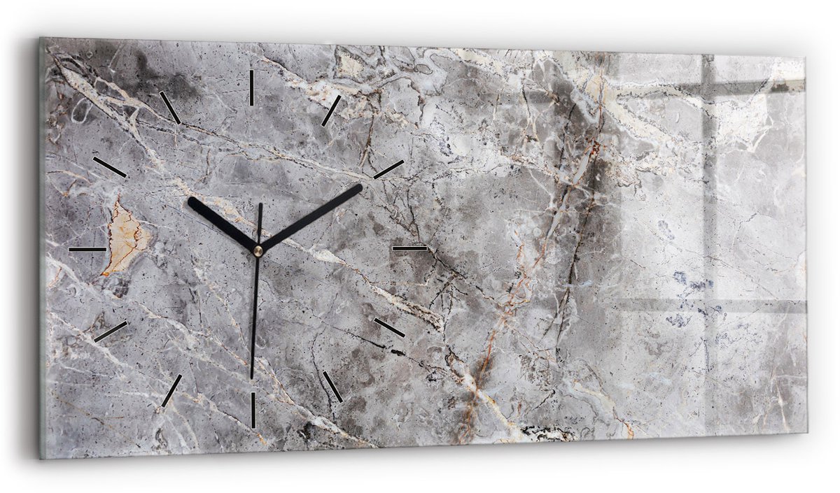 Wallfluent Wandklok - Grijs graniet marmer steen Klok met Print - 60 cm x 30 cm - Grijs Wandklok - Zwarte Handen - Wandklok Zonder Cijfers - Stille Wandklok Slaapkamer - Rechthoekige Glazen Wandklok - Minimalistisch Wandklok - Klok met Afbeelding