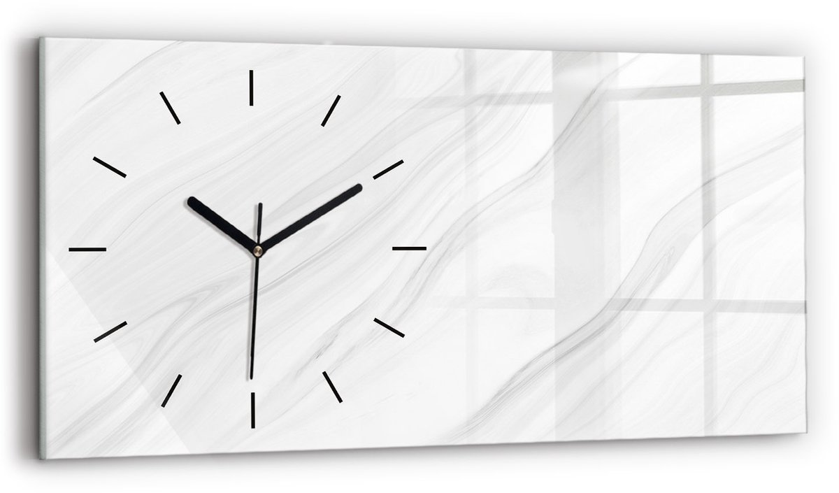 Wallfluent Wandklok - Decoratief marmer Klok als Muurdecoratie - 60 cm x 30 cm - Wit Wandklok - Zwarte Handen - Wandklok Zonder Cijfers - Kinder Wandklok Glas - Rechthoekige Glazen Wandklok - Minimalistisch Wandklok - Decoratieve Wandklok
