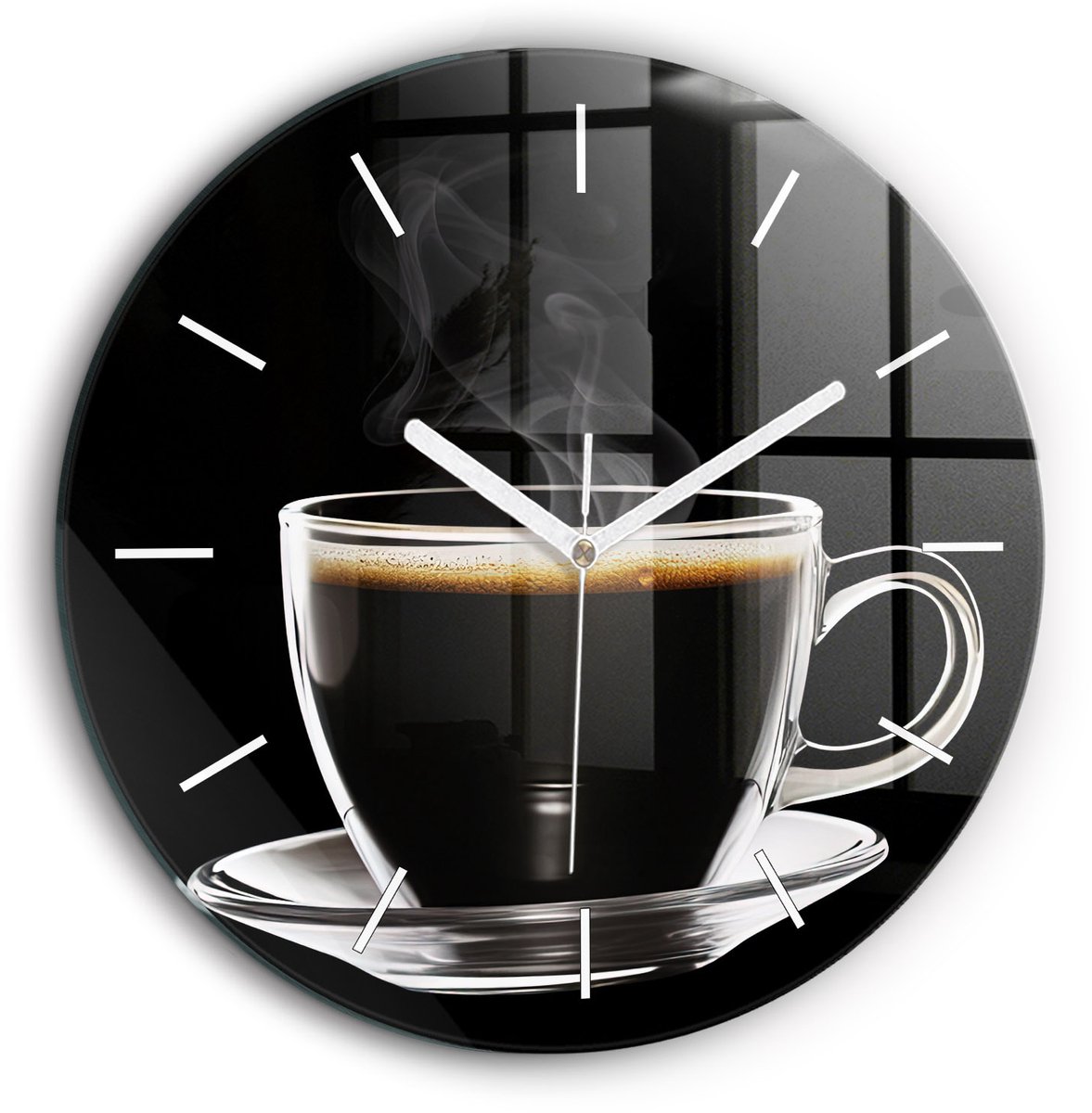 Wallfluent Wandklok - Zwarte koffie Klok als Muurdecoratie - 60 cm x 60 cm - Zwart Wandklok - Witte Handen - Wandklok Zonder Cijfers - Wandklok voor in de Keuken - Ronde Glazen Wandklok - Minimalistisch Wandklok - Decoratieve Wandklok
