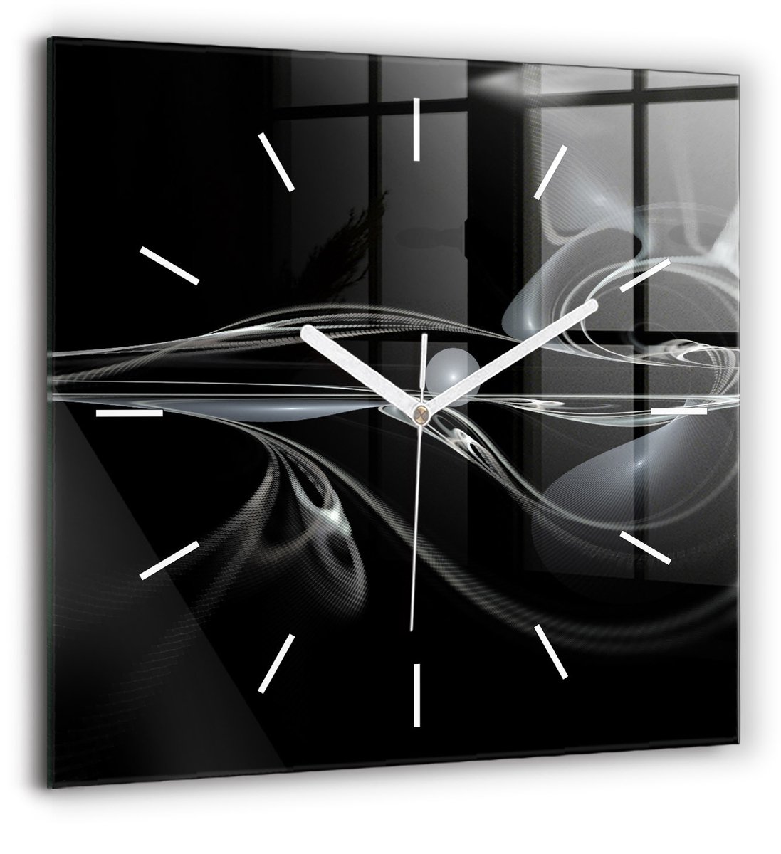 Wallfluent Wandklok - Abstracte rook Klok als Muurdecoratie - 60 cm x 60 cm - Zwart Wandklok - Witte Handen - Wandklok Zonder Cijfers - Wandklok voor in de Keuken - Vierkante Glazen Klok - Minimalistisch Wandklok - Decoratieve Wandklok