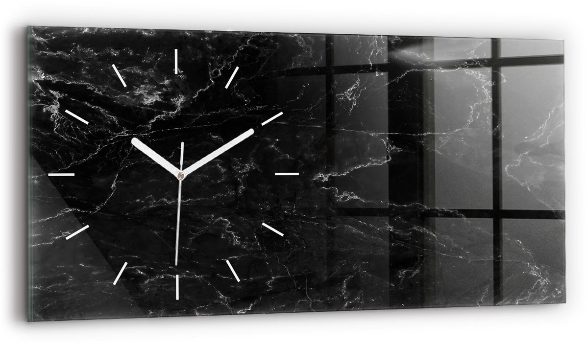 Wallfluent Wandklok - Zwart marmer Decoratieve Wandklok - 60 cm x 30 cm - Zwart Wandklok - Witte Handen - Wandklok Zonder Cijfers - Wandklok Glas Woonkamer - Glazen Klok Rechthoekige - Industrieel Wandklok - Stijlvolle Klok