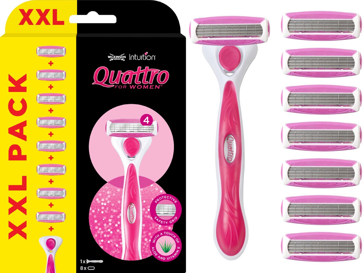 Wilkinson Sword Quattro for Women - Scheermes - Voordeelverpakking XXL - Navulmesjes 8 stuks - met Houder