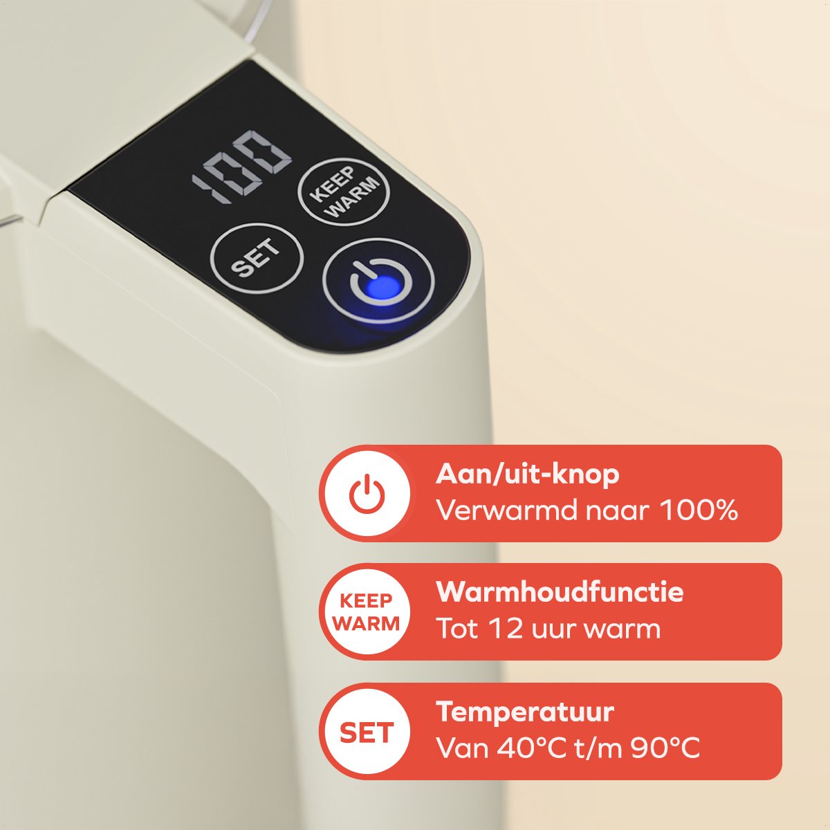 KitchenBrothers Waterkoker - 1.7L - Met Temperatuurregeling - PFAS- & BPA-vrij - Warmhoudfunctie - Display - Dubbelwandig - 2200W - Beige – foto 2
