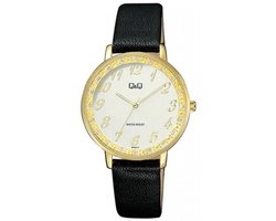 Prachtig goudkleurig dameshorloge van Q&Q model qc09j124y 3 atm waterdicht met zwart lederen band en duidelijke wijzerplaat