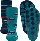 Chaussettes antidérapantes Ewers pour enfants - Duopack - Bleu Petrol et bleu foncé avec camions/ Robinets et rayures - Clous en Siliconen - 18/19