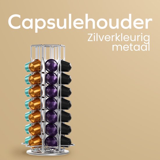 Zilverkleurige metalen capsulehouder met 42 cups in de kleuren goud, blauw, paars en zwart.