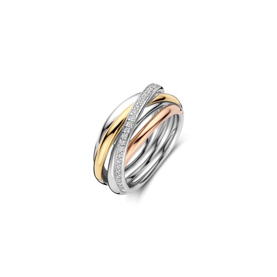 Dri colored ring met wit, geel en rosé goud, versierd met sprankelende zirkonia.