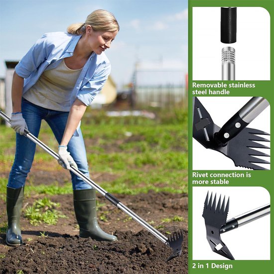 Onkruidverwijderaar met 148 cm lange steel - 2-in-1 handmatige onkruidverwijderaar - Tuinhark en schoffel - Onkruidverwijderaar voor tuin, gazon, terras, moestuin — afbeelding 2