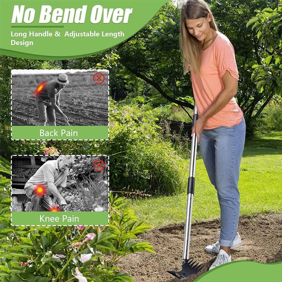Onkruidverwijderaar met 148 cm lange steel - 2-in-1 handmatige onkruidverwijderaar - Tuinhark en schoffel - Onkruidverwijderaar voor tuin, gazon, terras, moestuin — afbeelding 4