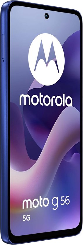 Voorkant van een kobaltblauwe Motorola moto g56 5G met het Motorola-logo en 'moto g56 5G' op het scherm.