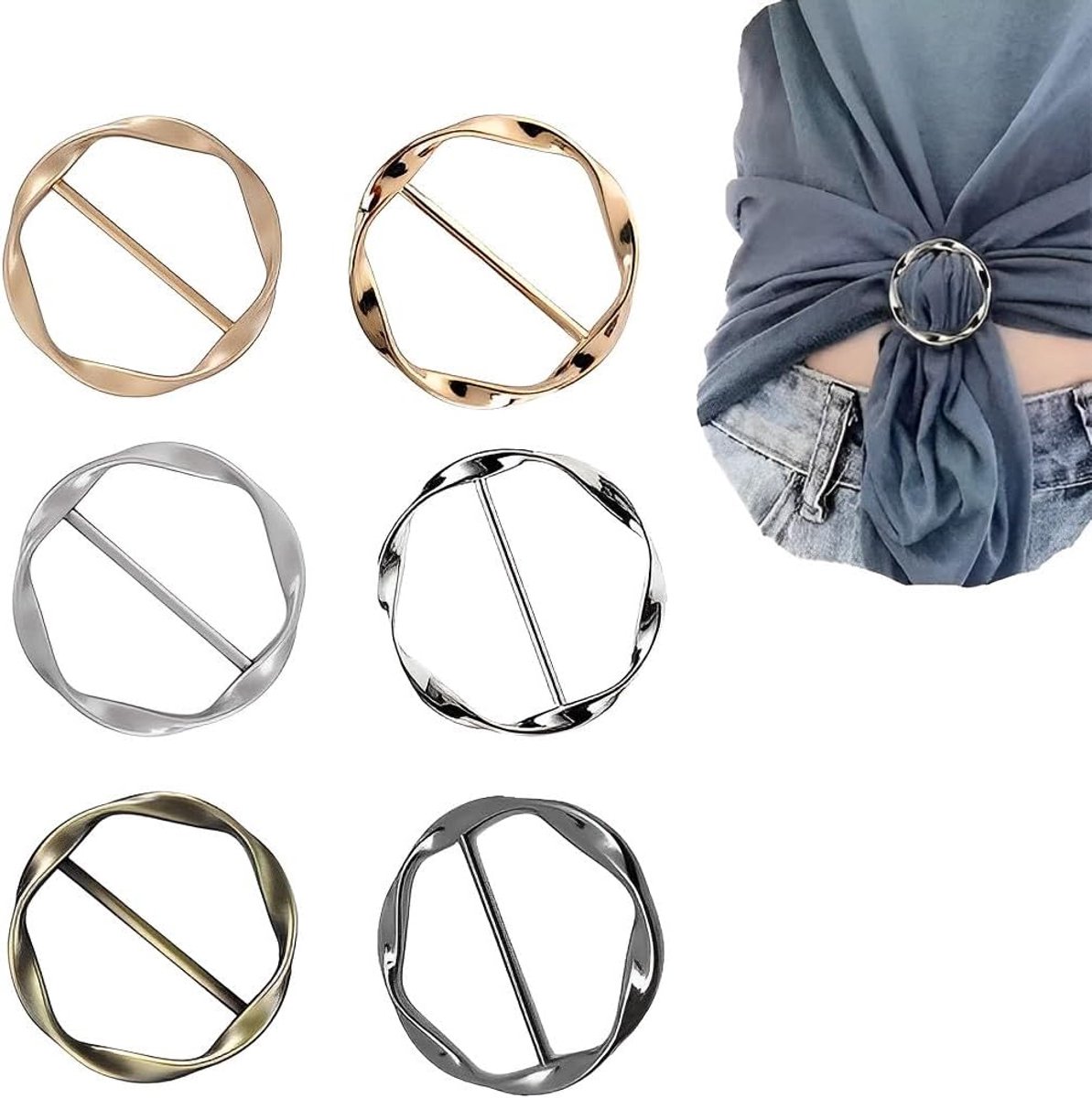 6 stuks metalen riemgesp voor vrouwen, clip t-shirt, gesp, zijden sjaalring, zoom knoop top-tangen, krullen en botsingen voor meisjes - Cyslmuk®