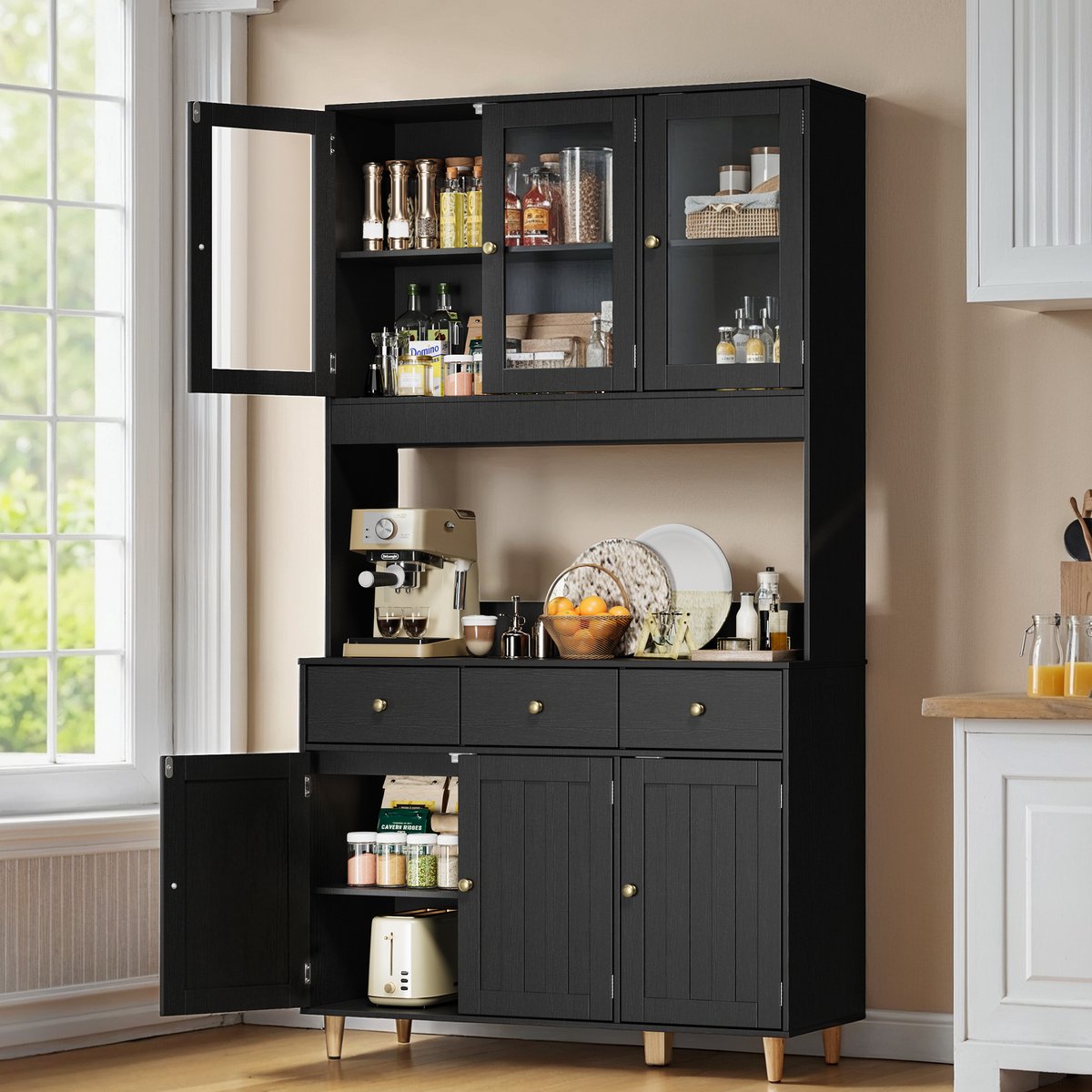 Xbro Keukenkast – Slim ontwerp met 3 lade en 6 deuren, verstelbare planken en te combineren met andere keukenkasten – Keuken Opbergkast – keuken & woonkamer – 100×30×180 cm – Zwart — cadeau in Cadeau-ideeën - foto 6