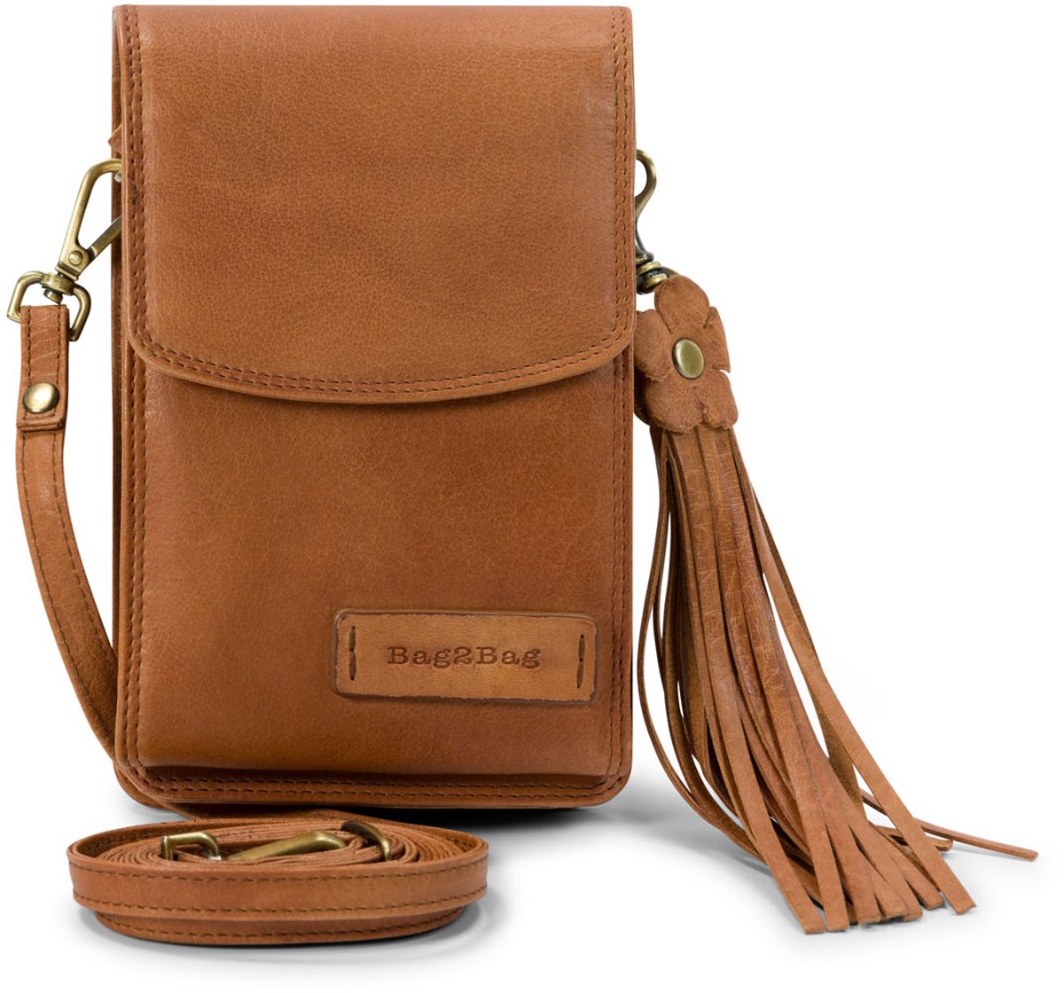 Leren telefoontasje / portemonnee / heuptasje, cognac - Bag2Bag Yuka