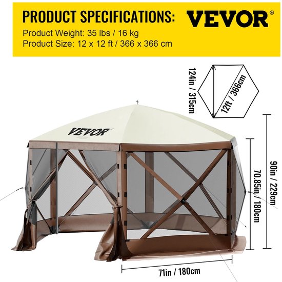 Pop-up kamperen Gazebo 12x12 - 6-zijdig Camping Canopy Shelter - Waterdicht - B3 Mesh Ventilatie - Zand- en Insectbestendig - Pop-up Ontwerp - Inclusief Accessoires - Voor 8 Personen van Merkloos — afbeelding 5
