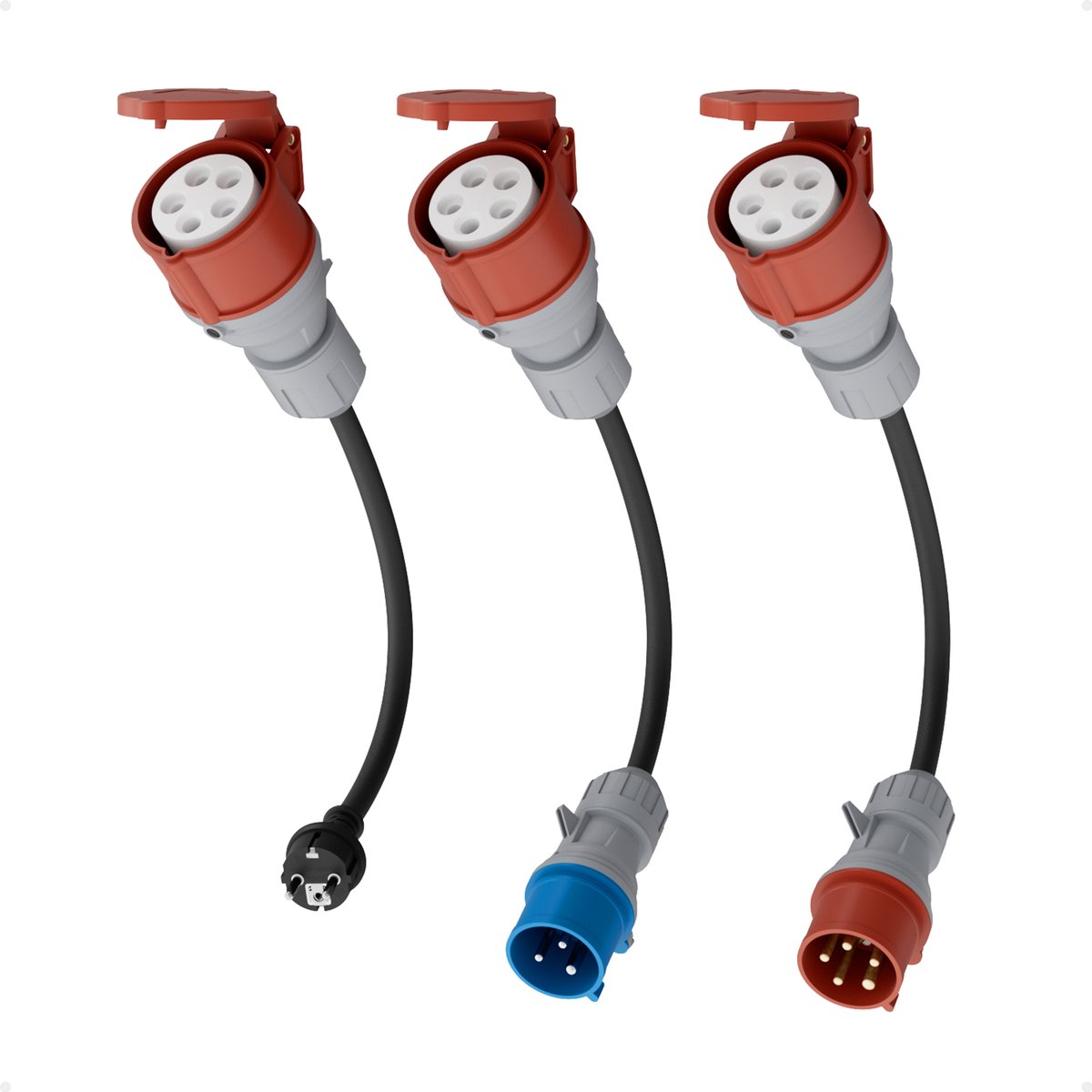 dé Adapterset CEE 22kW - Schuko naar CEE 3-fase 32A-adapter - CEE 1-fase 16A naar CEE 3-fase 32A-adapter - CEE 3-fase 16A naar CEE 3-fase 32A-adapter - IP44-gecertificeerd - 32A 5-polig voor 22kW Mobiele Wallbox