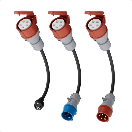 Drie CEE-adapters met een Schuko, een blauwe CEE 1-fase en een rode CEE 3-fase stekker.