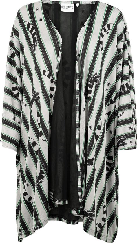 Openvallend vest met zwart-witte strepen, groene accenten en een insectenprint. 'BEETLEJUICE' logo zichtbaar.