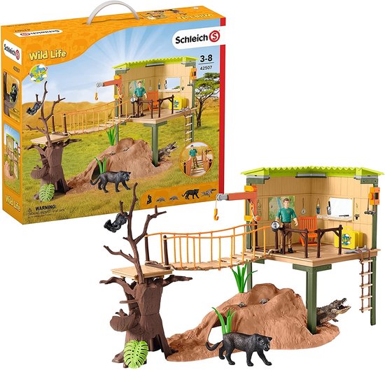 Schleich WILD LIFE Avonturenstation speelgoed met dierfiguren en mensfiguur, in verpakking.